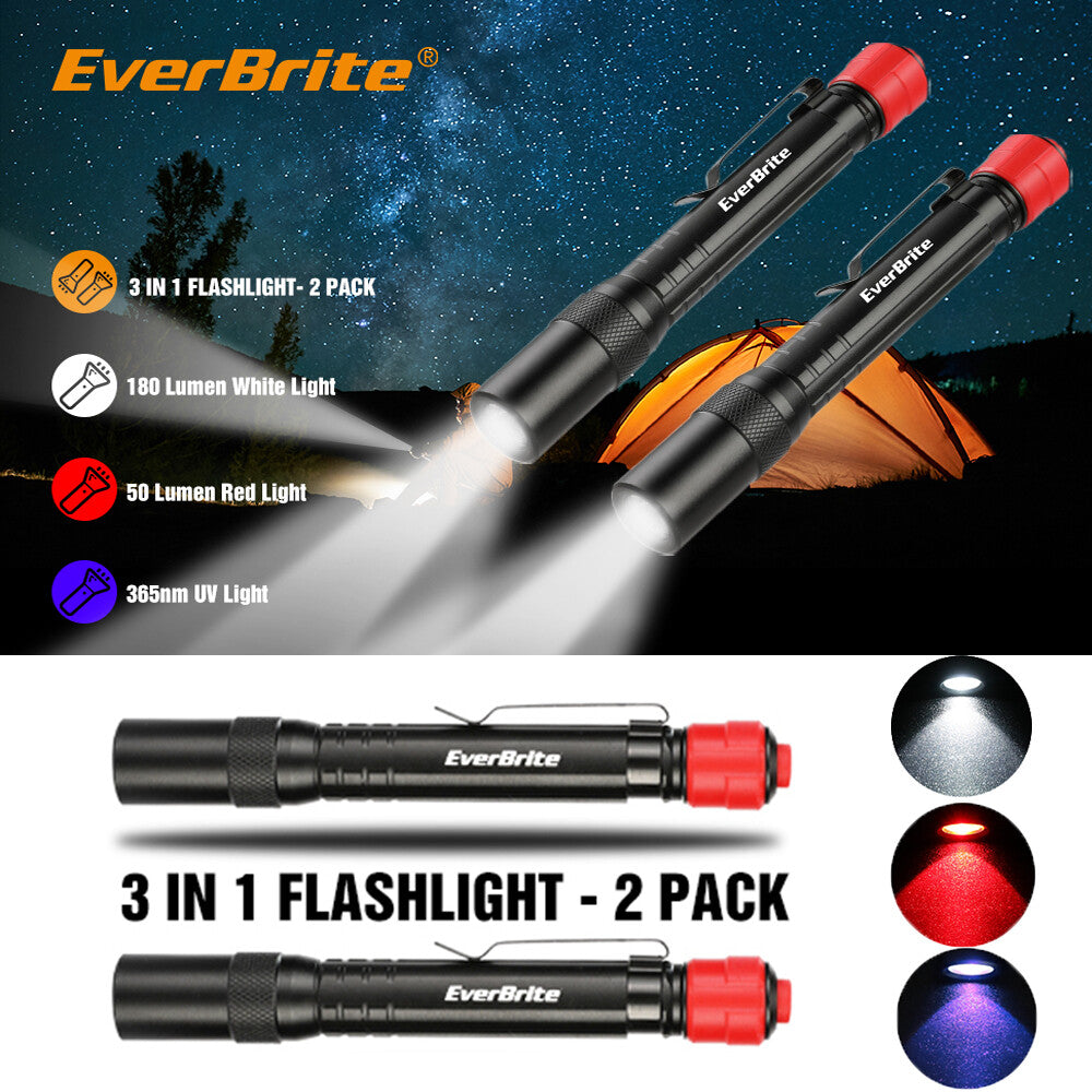 EverBrite 2 Pack Super Bright LED Flashlight Penlight 3 Modes w/AAA