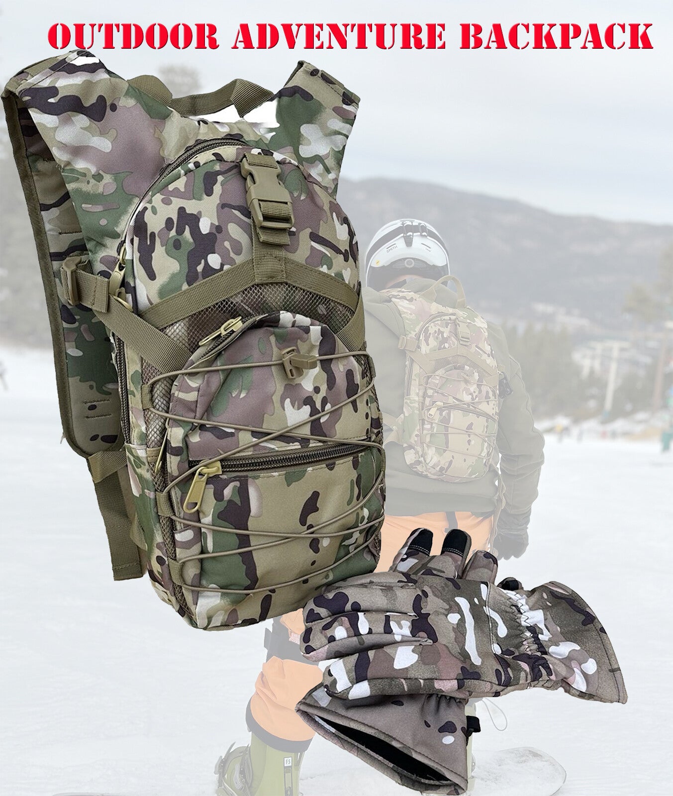 Backpacking Outdoor Backpack Hiking Camping Skiing Snow Board Camouflage W/Glove