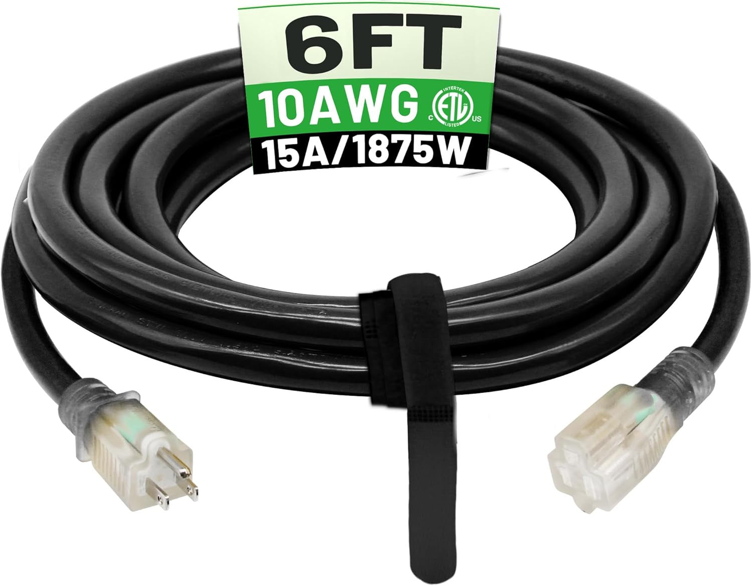6 Ft 10AWG Black Outdoor Extension Cord Waterproof Heavy Duty 10 Gauge
