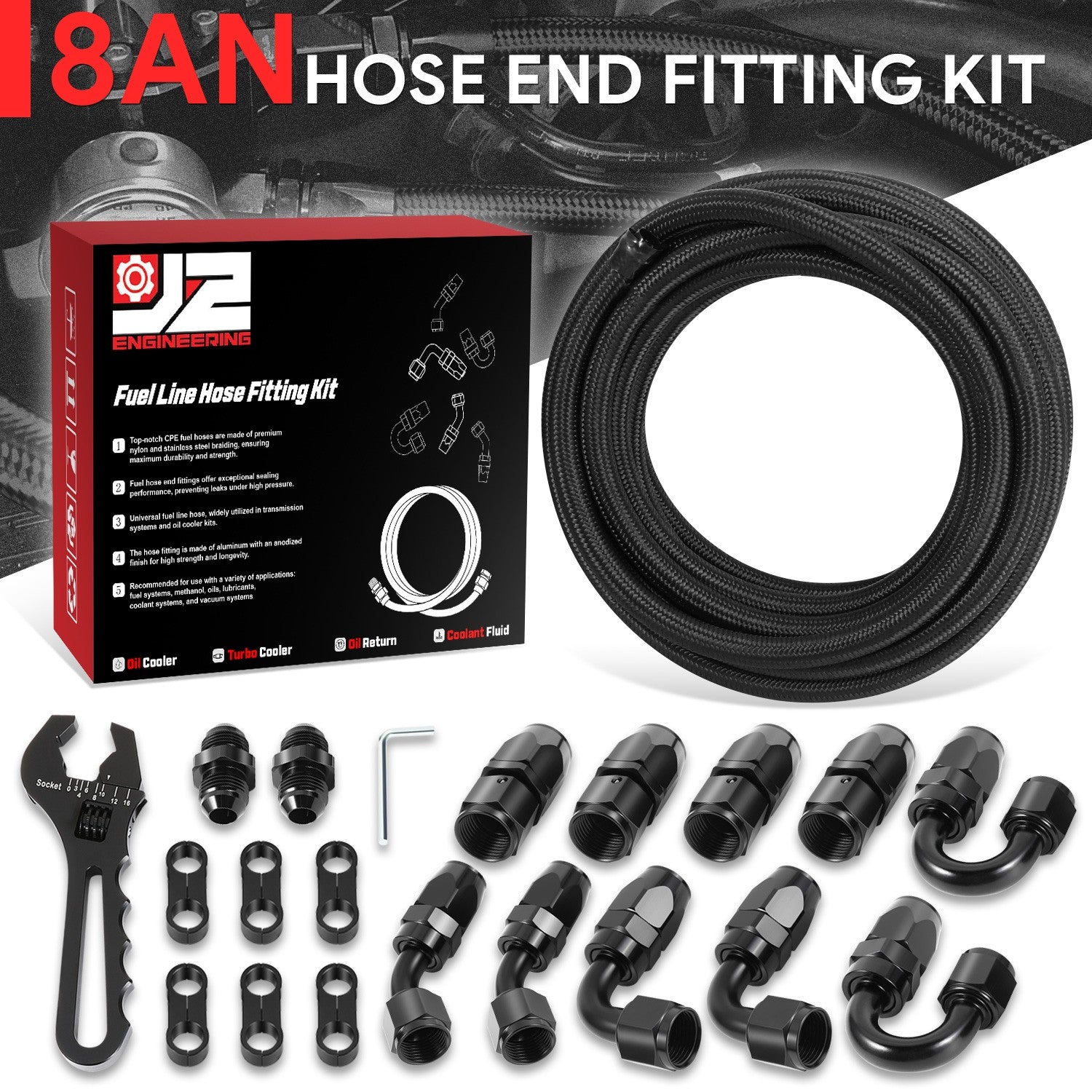J2 8AN 25FT Stainless Steel Braided Fuel Line Tube Oil Hose Fitting