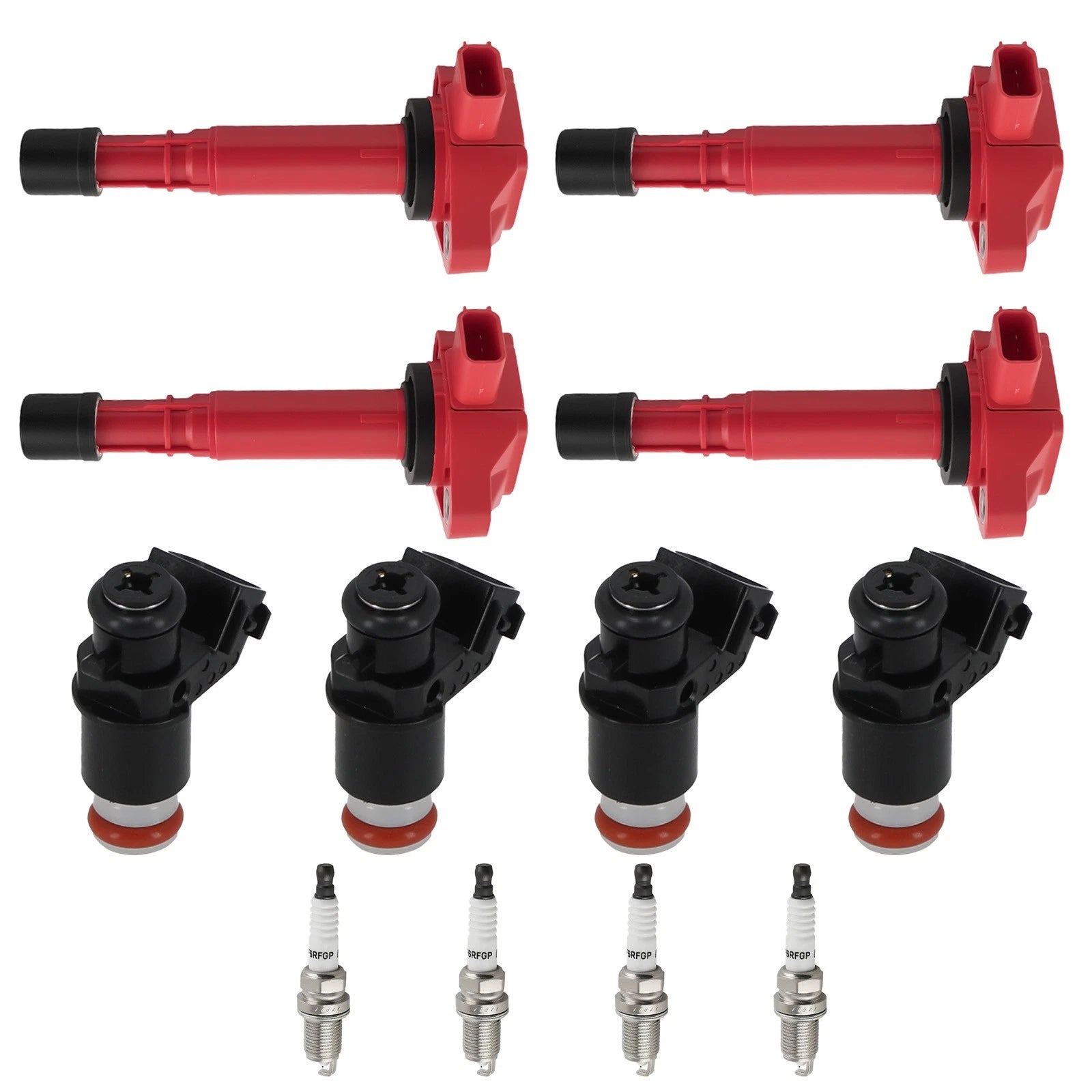 4* Fuel Injectors + 4* Ignition Coil + Spark Plug for Honda Civic 1.7L 01-05 Red