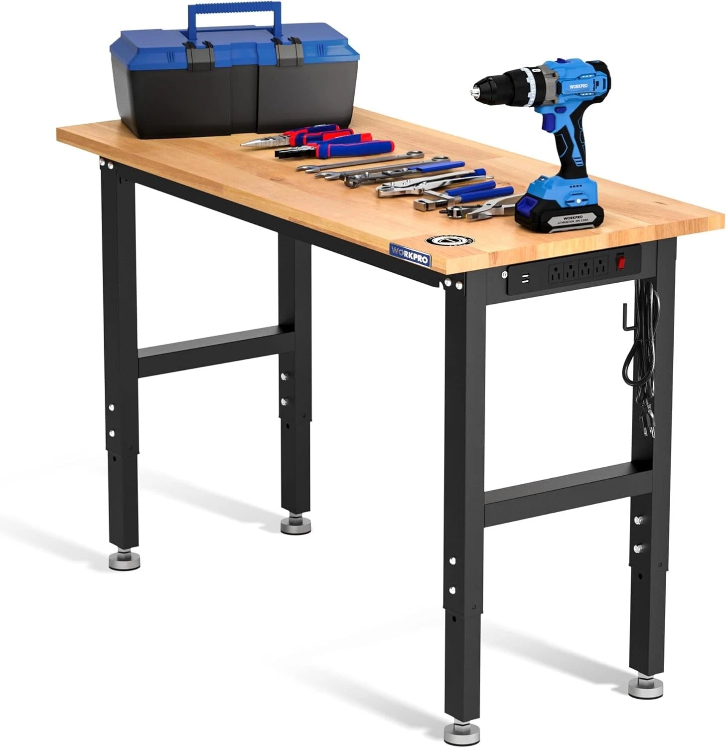 Workpro Adjustable Garage Workbench 48"x22" Rubber Wood Top