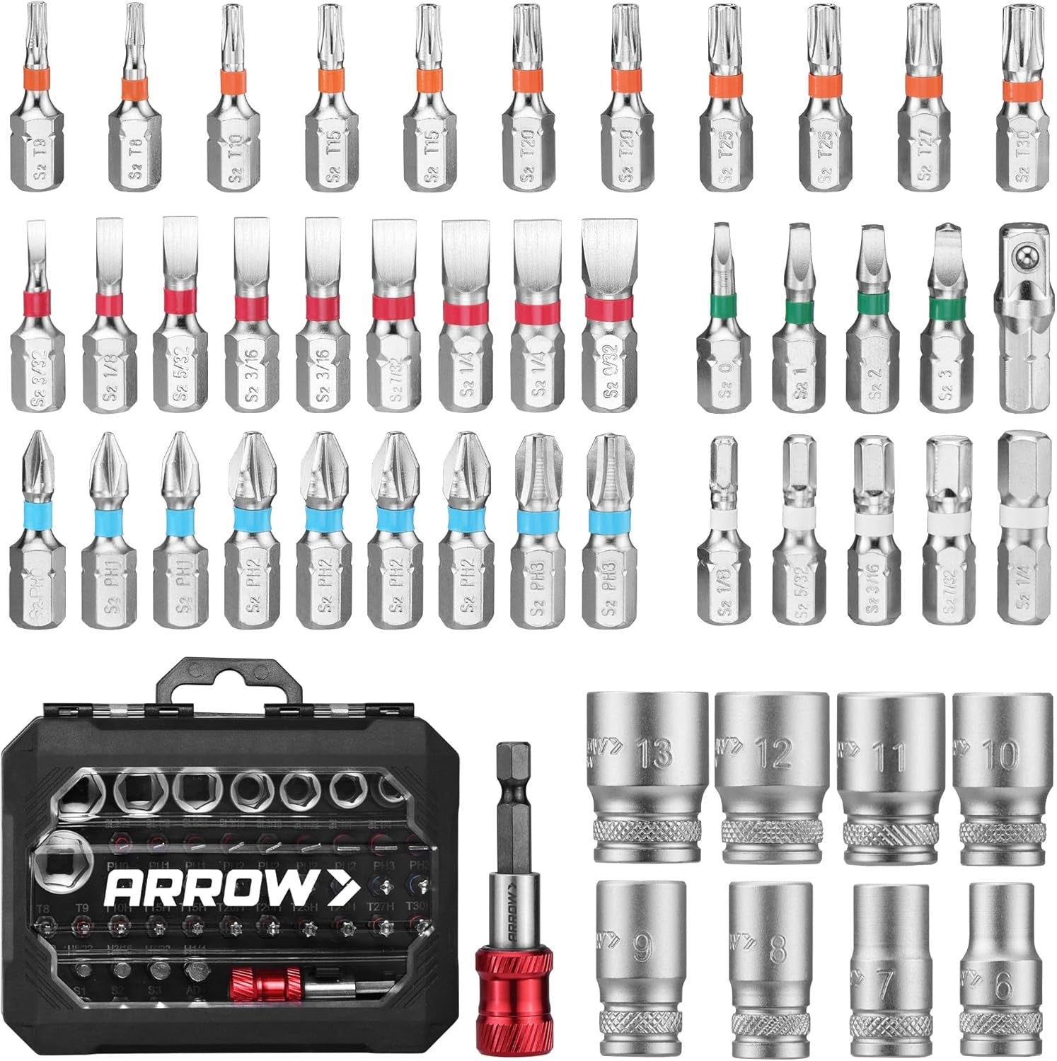ARROW 48PC 1/4" Screwdriver Bit Socket Set 6–13mm Sockets