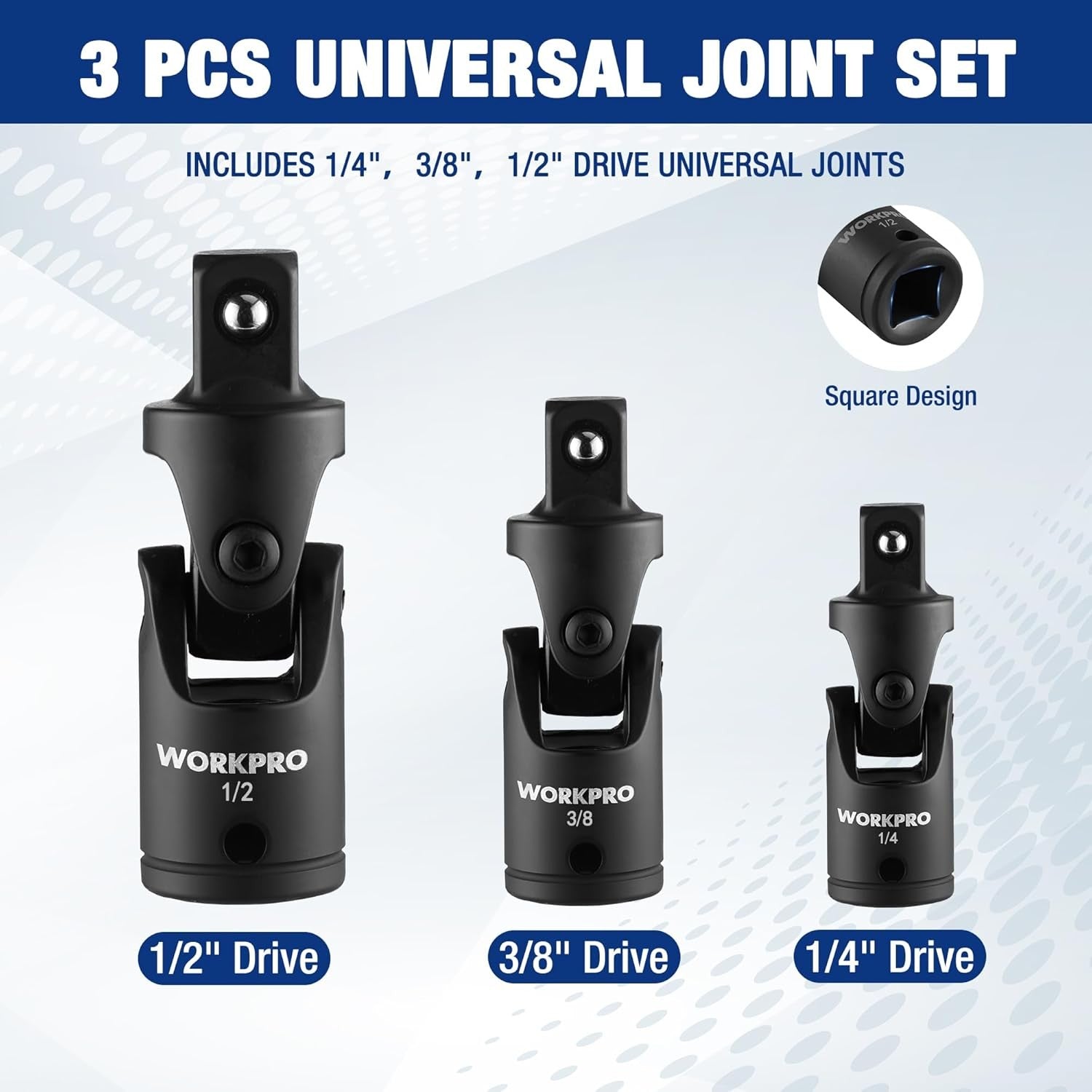 WORKPRO 3-Piece 1/4" 3/8" 1/2" Drive Universal Joint Socket Adapter Set U-Joint