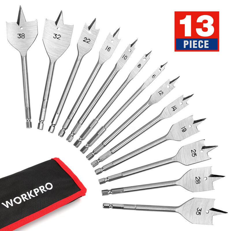 WORKPRO Spade Drill Bit Set 13PC Paddle Flat Bit SAE for Woodworking
