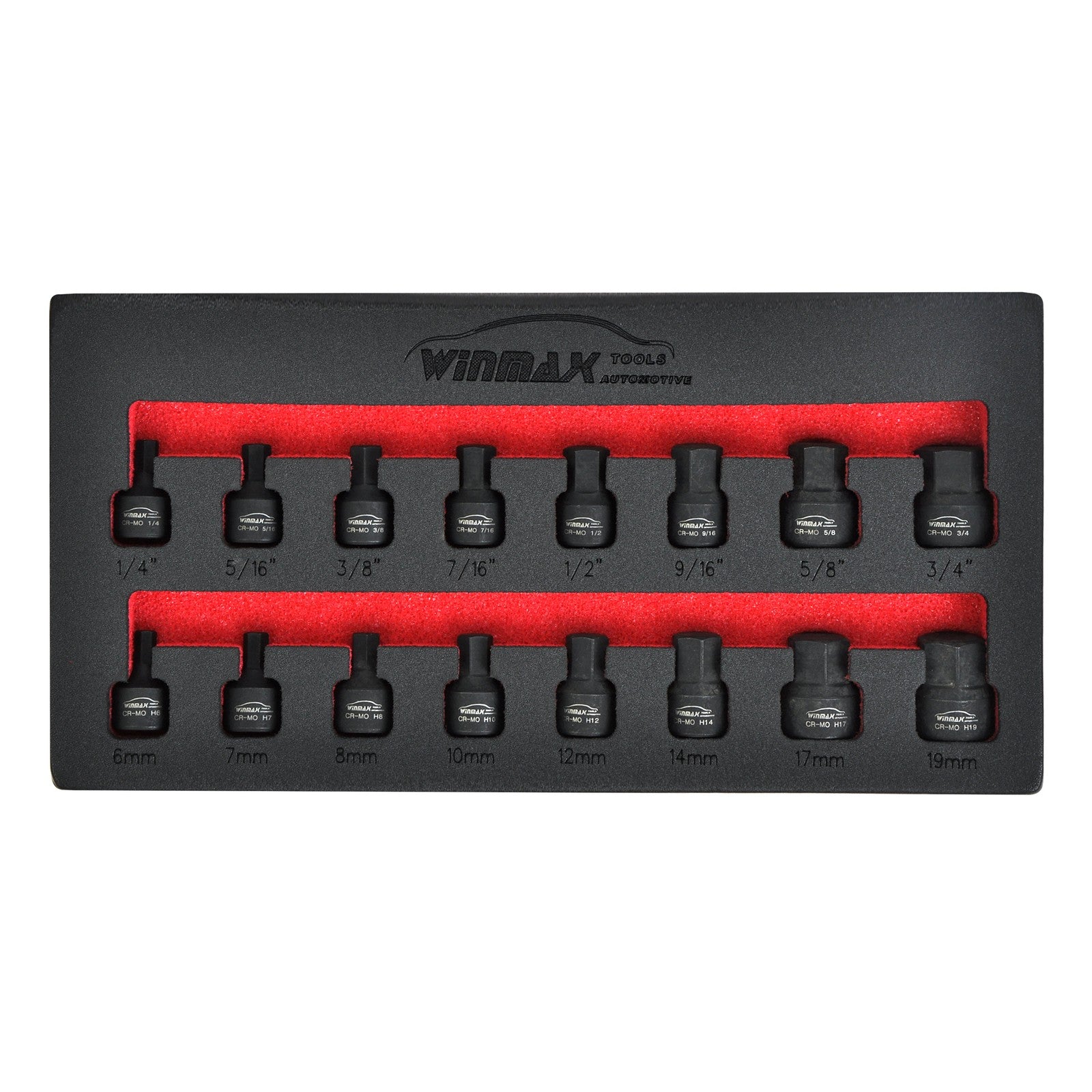 3/8" Drive Low Profile Impact Hex Driver Set, Metric 6-19mm, SAE 1/4"-3/4" 16pcs
