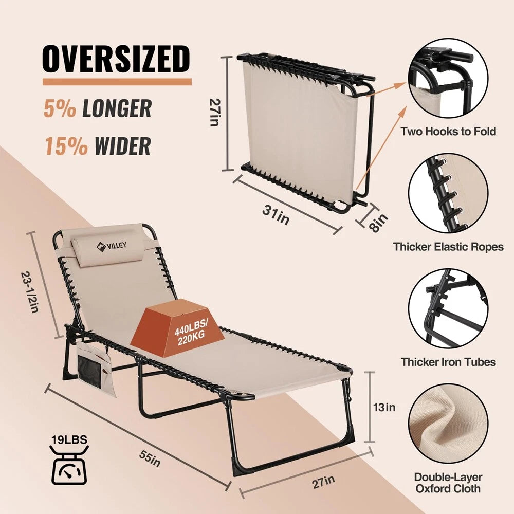 NEW Portable Heavy-Duty Chaise Lounge Folding Lounge Chair Trifold Beach Lounger