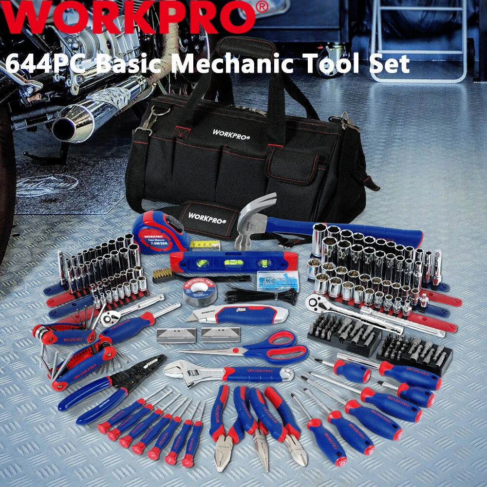 WORKPRO 644PC Mechanics Tool Set Kit Repairing Tool 6-Point Socket Ratchet w/Bag