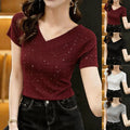 Women's For Slim Fit V Neck Short Sleeve Solid Tee Shiny Pullover Top