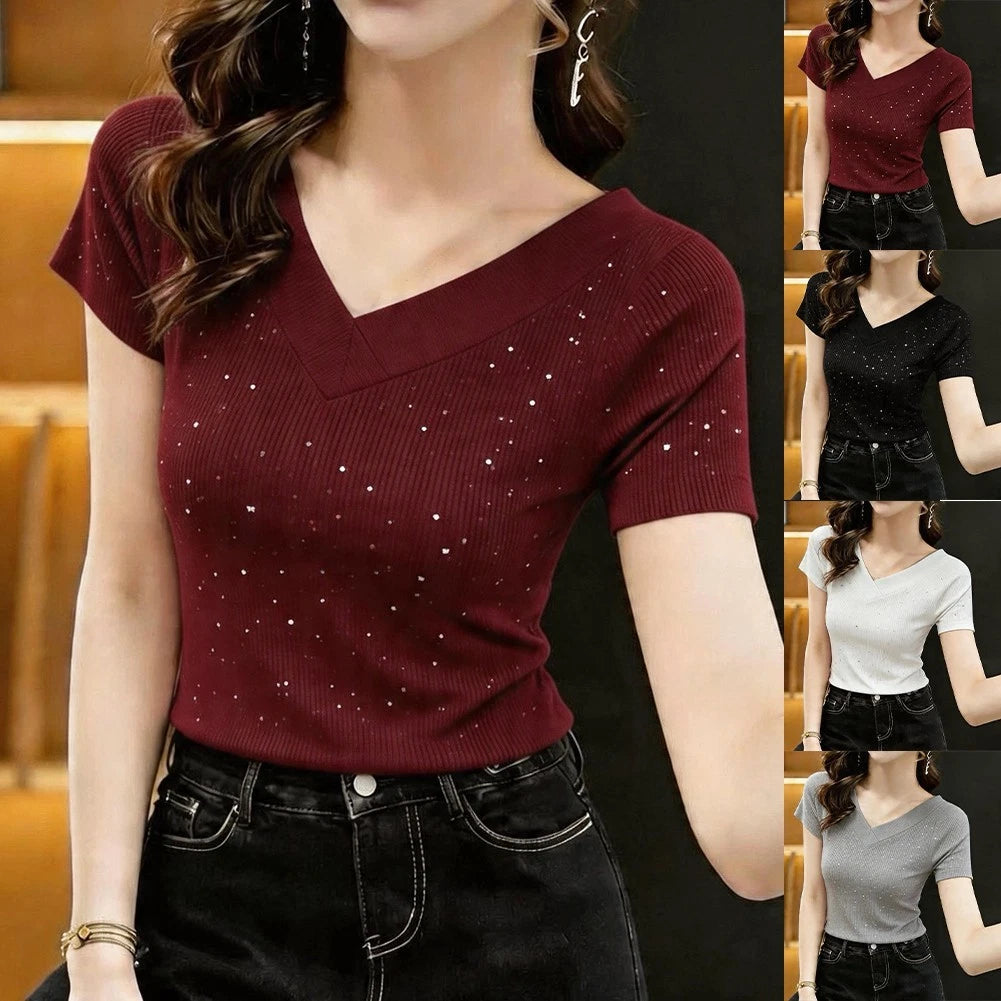 Women's For Slim Fit V Neck Short Sleeve Solid Tee Shiny Pullover Top