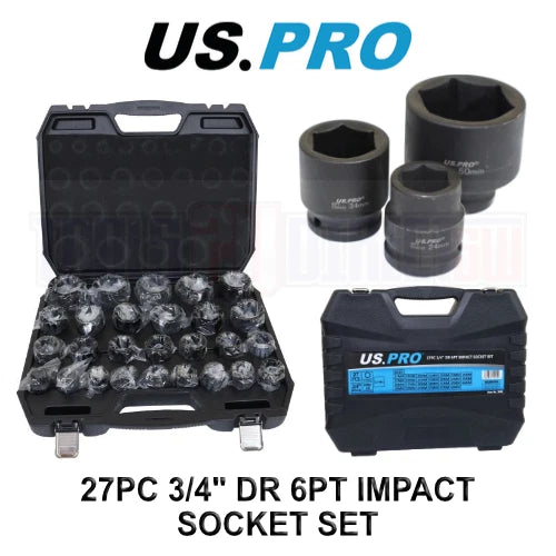 Us Pro Tools 3/4" Dr 17mm - 60mm Impact Socket Set Hgv Long Reach