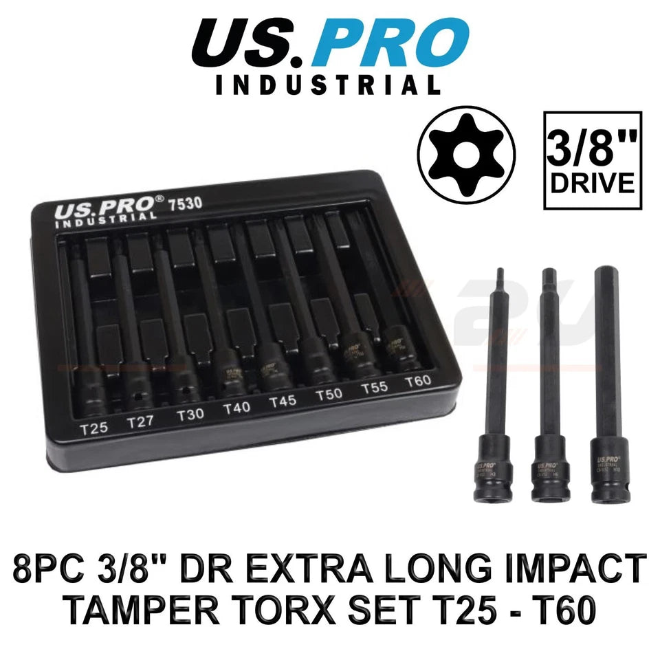 Us Pro 3/8" Dr Extra Long Impact Tamper Star Torx Bit Socket Set T25