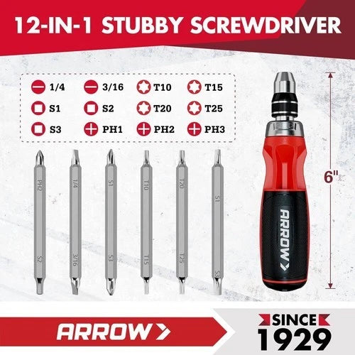 Arrow 12-in-1 Multi Bit Ratchet Screwdriver Set Ratcheting