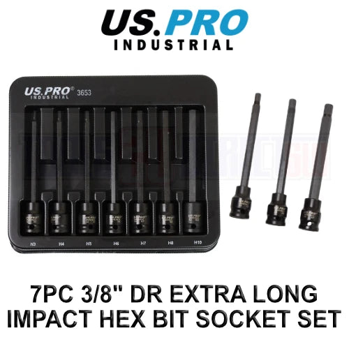 Us Pro Industrial 3/8" Dr Extra Long Impact Hex Bit Socket Set H3 -