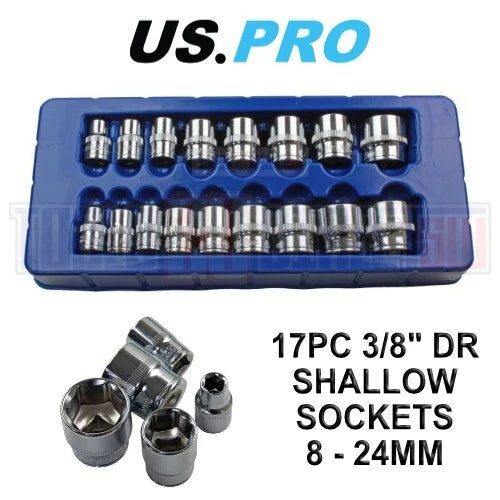 Us Pro Tools 3/8 Dr Shallow Sockets Set, Socket 6 Point 8-24mm 1376