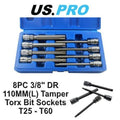 Us Pro 3/8''dr Star Bit Socket Set, Long Torx Tamper, Security Set