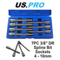 Us Pro 3/8"dr 110mm Long Spline Bit Socket Set 4 - 10mm 1496