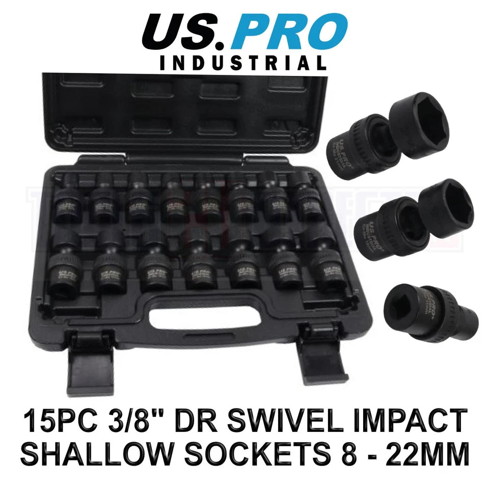 Us Pro 3/8” Dr 6pt Swivel Wobble Impact Shallow Socket Set 10-22mm