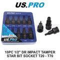 Us Pro Tools 1/2" Dr Impact Tamper Star Torx Bit Socket Set T20 - T70