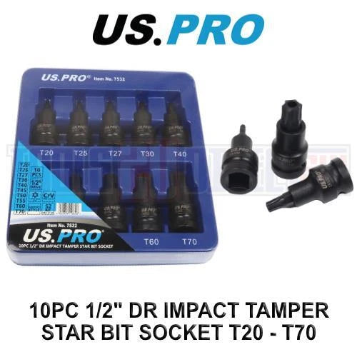 Us Pro Tools 1/2" Dr Impact Tamper Star Torx Bit Socket Set T20 - T70