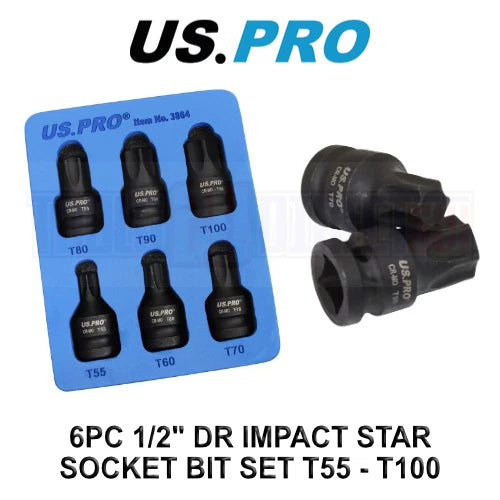 Us Pro 1/2" Dr Impact Star Torx Bit Socket Set T55 T60 T70 T80 T90