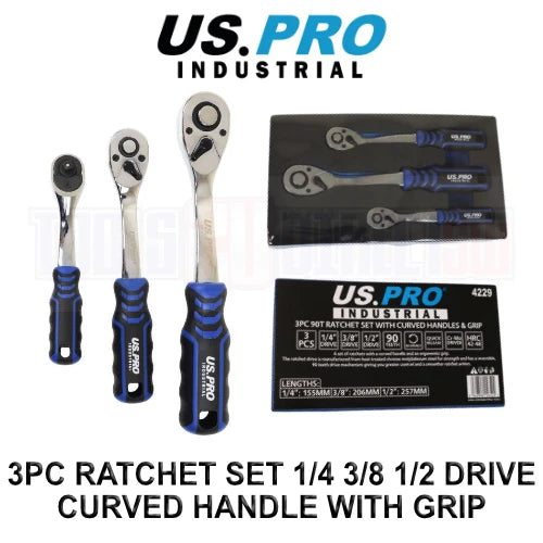 Us Pro Industrial 90t Ratchet Set 1/4 3/8 1/2 Drives Curved Handle
