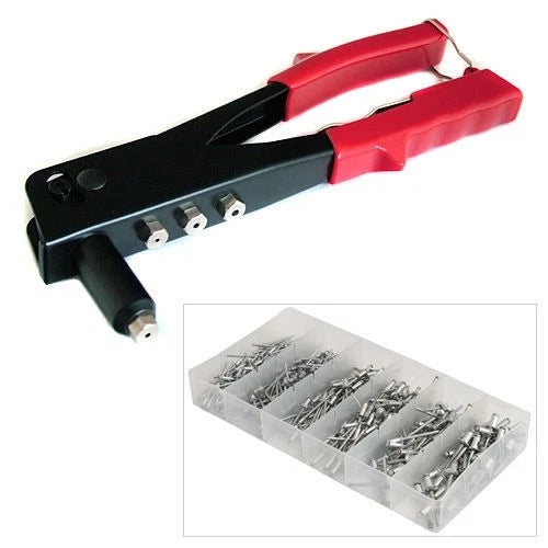 Heavy Duty Hand Riveter Pop Rivet Gun + 4 Nozzle Heads And 360