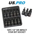 Us Pro Tools 1/2" Dr Torx Impact Star Bit Socket Set T20 - T70 3592