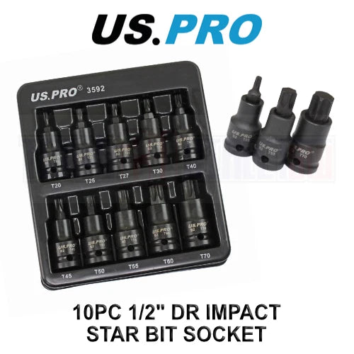 Us Pro Tools 1/2" Dr Torx Impact Star Bit Socket Set T20 - T70 3592