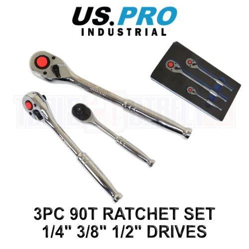 Us Pro Industrial 90t Ratchet Handle Set 1/4" 3/8" 1/2" Drive Socket