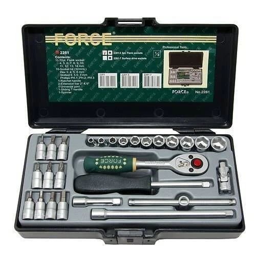 Force 2281-5 1/4" Dr. 6pt Flank Metric Socket & Accessories Set 24t