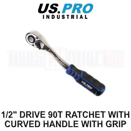 Us Pro Industrial 1/2" Dr 90t Ratchet With Curved Handle With Grip