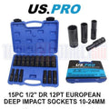 Us Pro Tools 1/2" Dr 12 Pt European Deep Impact Socket Set 10mm-24mm