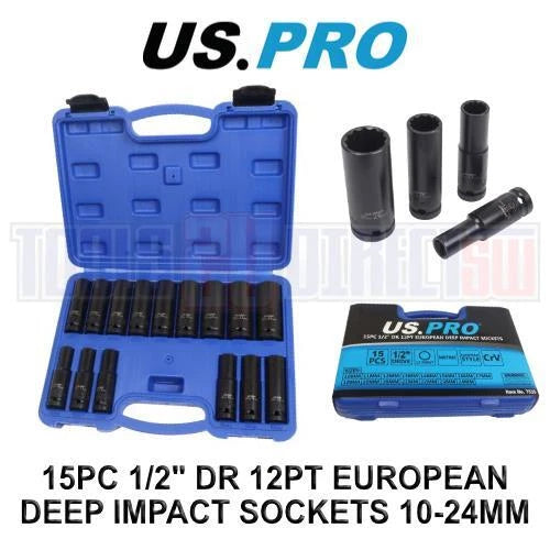 Us Pro Tools 1/2" Dr 12 Pt European Deep Impact Socket Set 10mm-24mm