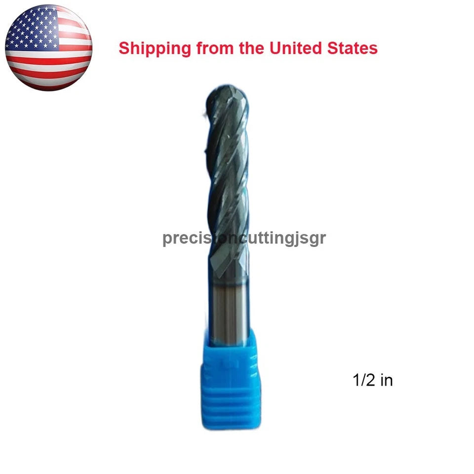 4 Flute 1/2" X 1-1/4" X 3" Long Ball Nose Solid Carbide End Mill -