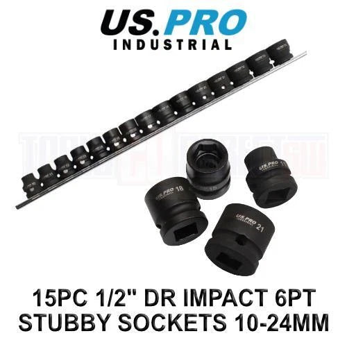 Us Pro Industrial 1/2" Dr 6pt Stubby Impact Sockets Socket Set